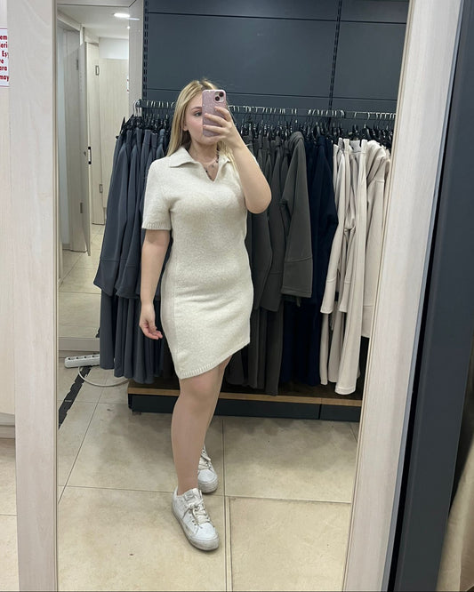 Bej Yumoş Kısa Kol Kısa Triko Elbise