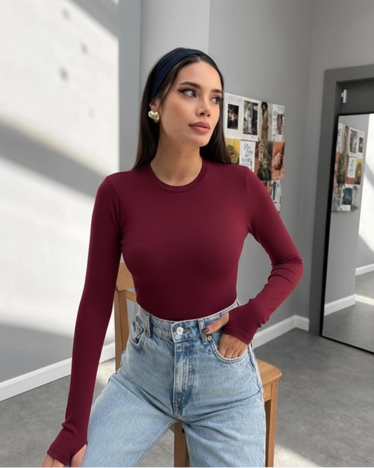 Bordo Parmak Geçirmeli Bisiklet Yaka Kadın Body