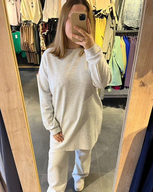 Gri Melanj Taşlı Tunik Takım