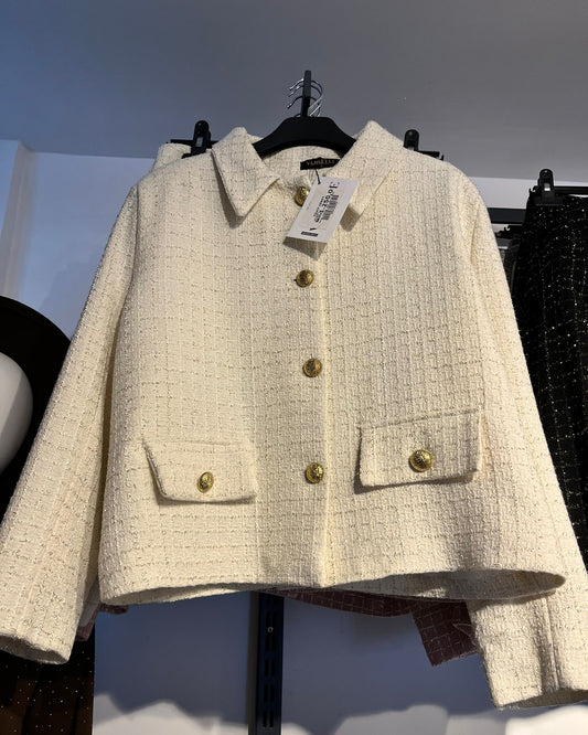 Ekru Tüvit Kumaş Kısa Blazer Ceket