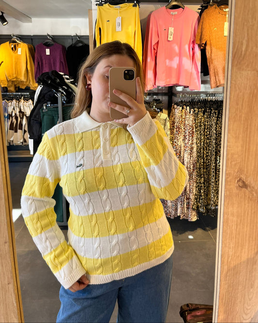 Orijinal Marka Polo Yaka Sarı Beyaz Çizgili Örme Triko