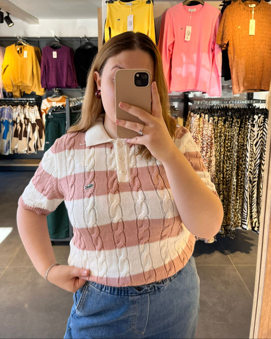 Orijinal Marka Pembe Beyaz Çizgili Polo Yaka Kısa Kol Triko