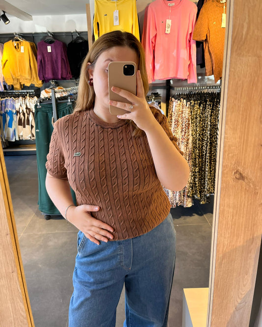 Orijinal Marka Yıkamalı Kahverengi Kısa Kol Örme Triko