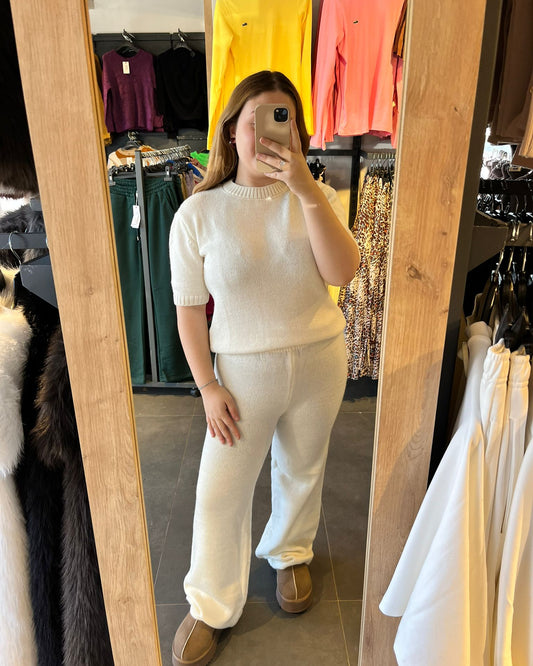 Ekru Renk Kısa Kol Kadın İkili Triko Takım