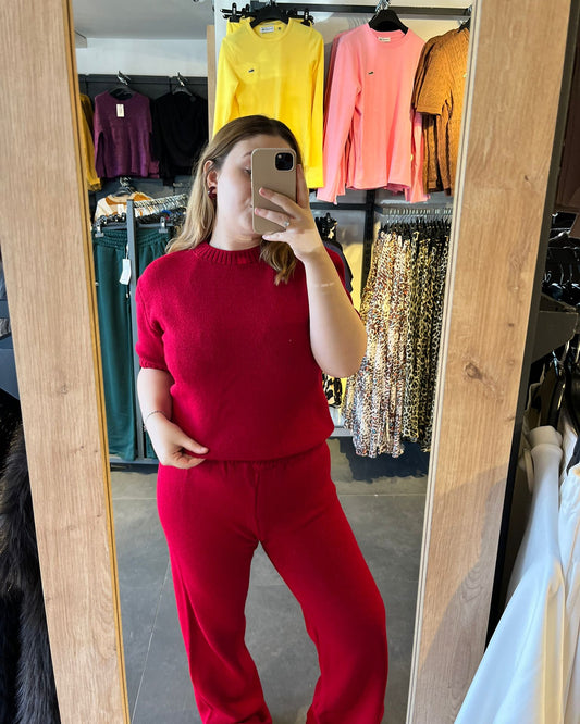 Kırmızı Renk Kısa Kol Kadın İkili Triko Takım