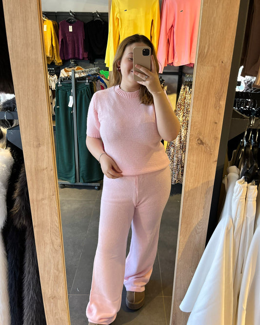 Pembe Renk Kısa Kol Kadın İkili Triko Takım