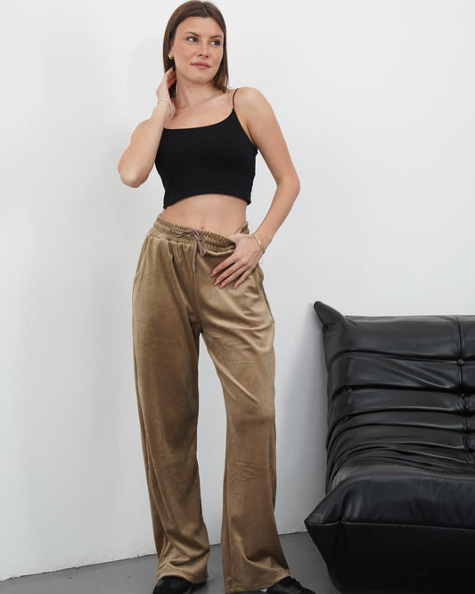 Kahverengi Fransız Kadife Paça Lastikli Kadın Eşofman Altı