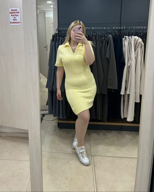 Sarı Yumoş Kısa Kol Kısa Triko Elbise
