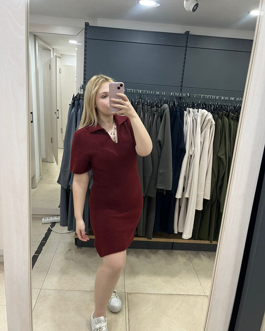 Bordo Yumoş Kısa Kol Kısa Triko Elbise
