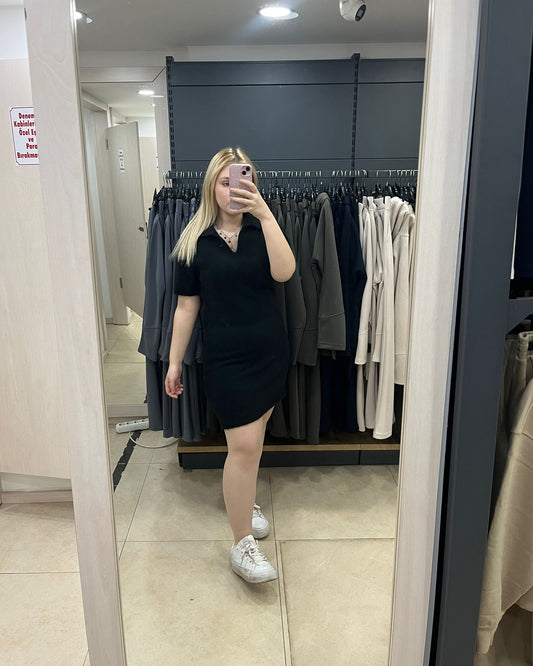 Siyah Yumoş Kısa Kol Kısa Triko Elbise