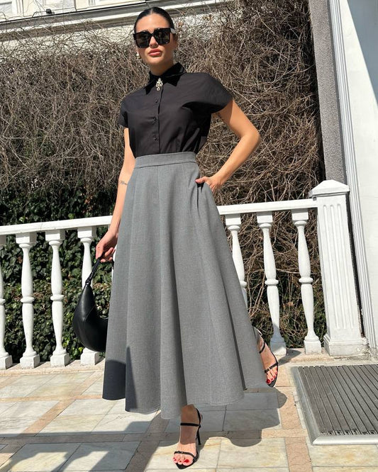 Çift Cep Maxi Boy Poliviscon Etek – Gri