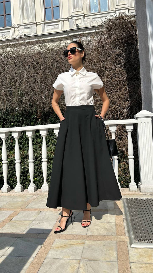 Çift Cep Maxi Boy Poliviscon Etek – Siyah