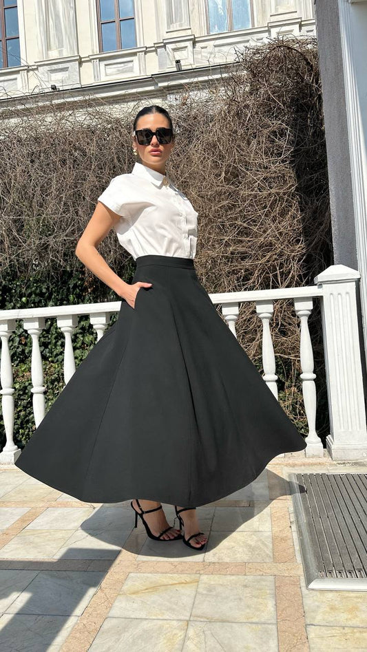 Çift Cep Maxi Boy Poliviscon Etek – Siyah